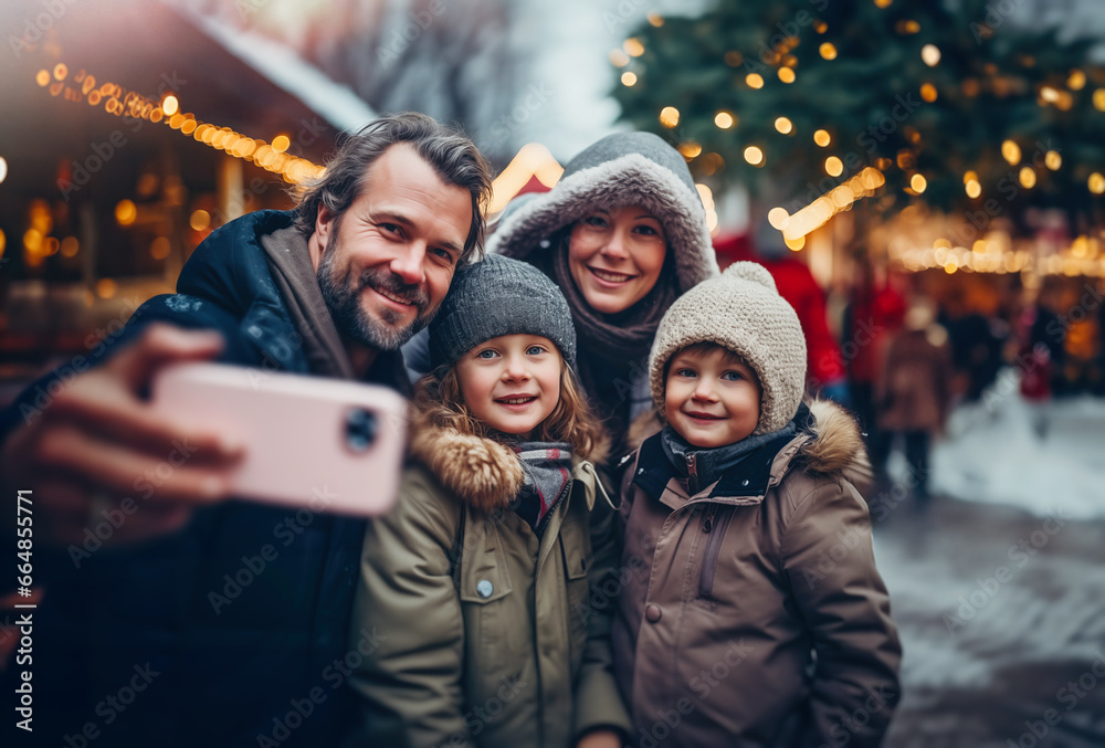 During the Christmas time, a friendly family enjoy the holidays to visit the Christmas market. The father takes a selfie for the good memory. Generative ai
 - obrazy, fototapety, plakaty 
