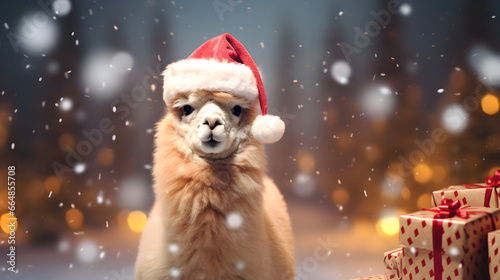 Super cute alpaca in Santa hat with gift boxes. Merry Christmas greeting concept. AI generated image. photo