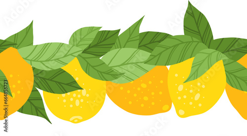Vector seamless horizontal border with lemons and foliage. Frieze with citruses and leaves isolated from the background
