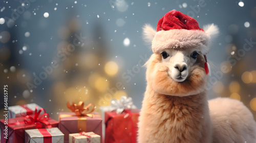 Super cute alpaca in Santa hat with gift boxes. Merry Christmas greeting concept. AI generated image.