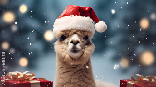 Super cute alpaca in Santa hat with gift boxes. Merry Christmas greeting concept. AI generated image. © yekaterinalim