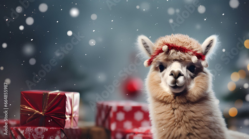 Super cute alpaca in Santa hat with gift boxes. Merry Christmas greeting concept. AI generated image. photo