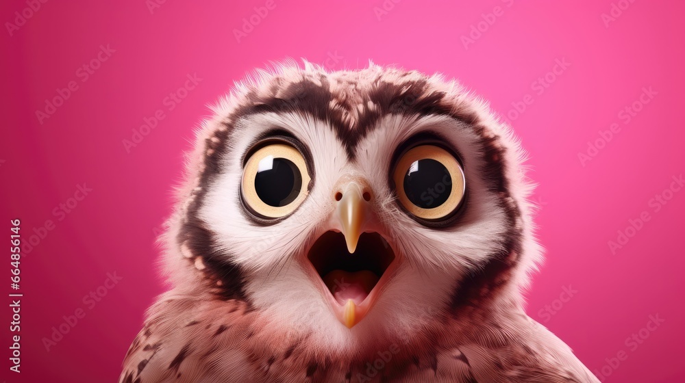 Shocked owl with big eyes isolated on pink background, cute and surprised face, Studio portrait of surprised owl, space background for sale banner poster. Shocked owl with big eyes isolated on pink background, cute and surprised face, Studio portrait of surprised owl, space background for sale banner poster.