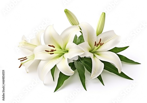 Beautiful fresh lily flower with green leaves, isolated on white background. © MdImam
