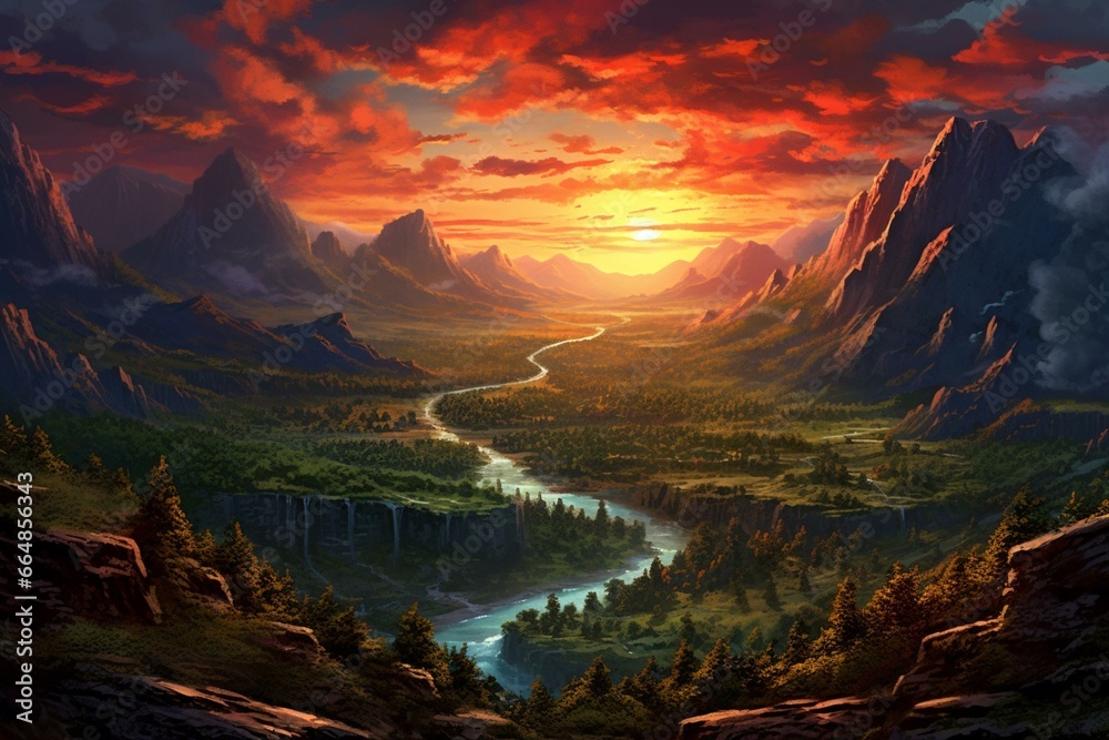A stunning view of a serene valley with breathtaking colors as the sun sets. Generative AI