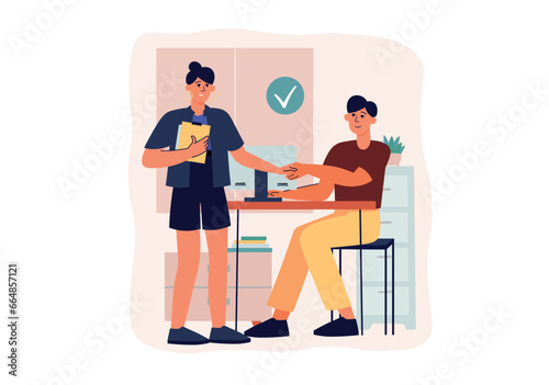 Deal concept with people scene in the flat cartoon design. Business partners conclude an agreement on profitable cooperation. Vector illustration.