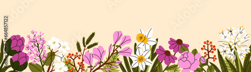 Floral border, botanical background. Blossomed nature banner. Spring and summer blooming plants, beautiful flora decoration, buds and leaves pattern, horizontal ornament. Flat vector illustration
