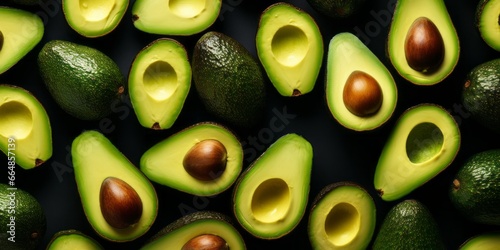 Vibrant and abstract avocado pattern with fresh and colorful sliced avocados. Perfect for banners and wallpapers, trendy exotic touch to any design. Ideal for diet, vegan, or healthy lifestyles.
