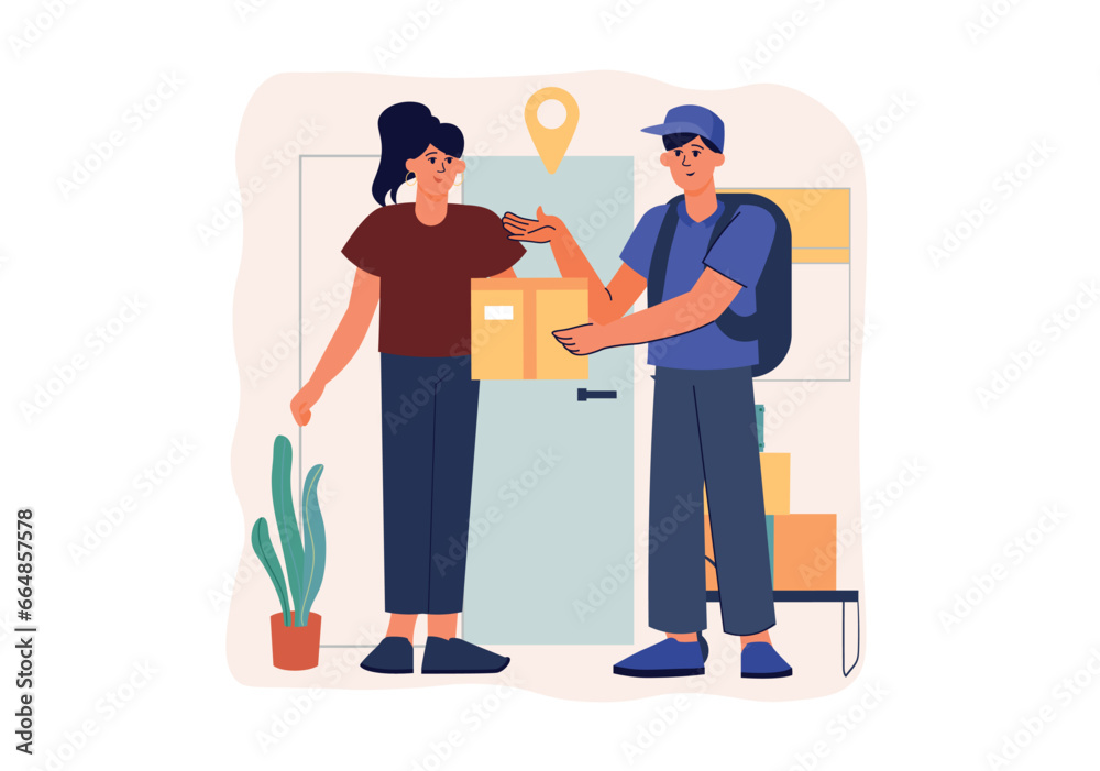 Delivery concept with people scene in the flat cartoon design. The courier of the delivery service brought a large parcel to the customer's apartment. Vector illustration.