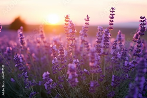 Close up lavender flowers in beautiful field at sunset. © MdImam