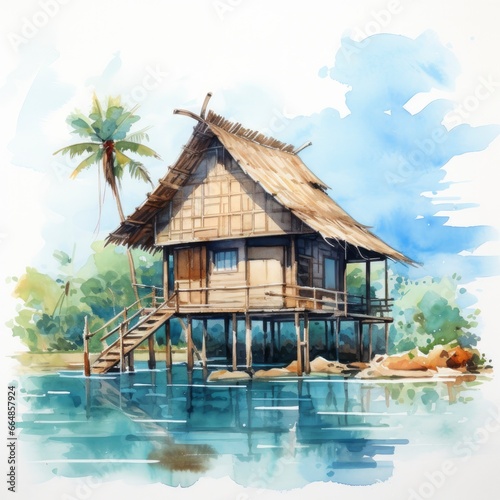 A watercolored bright serene image of a traditional bahay kubo.