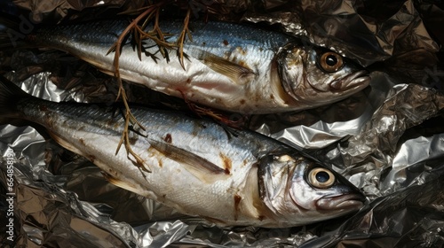 Shiny aluminum foil with anchovy fishes on it.