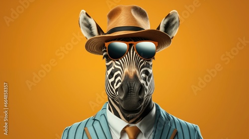 Zebra sporting a dapper bowler hat and monocle  indistinct safari locale.