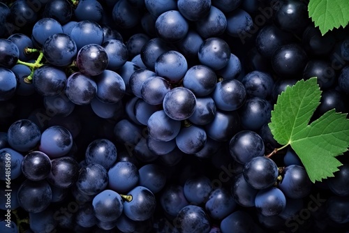 Flat lay background of vines, lots of organic blue dark grapes. © MdImam