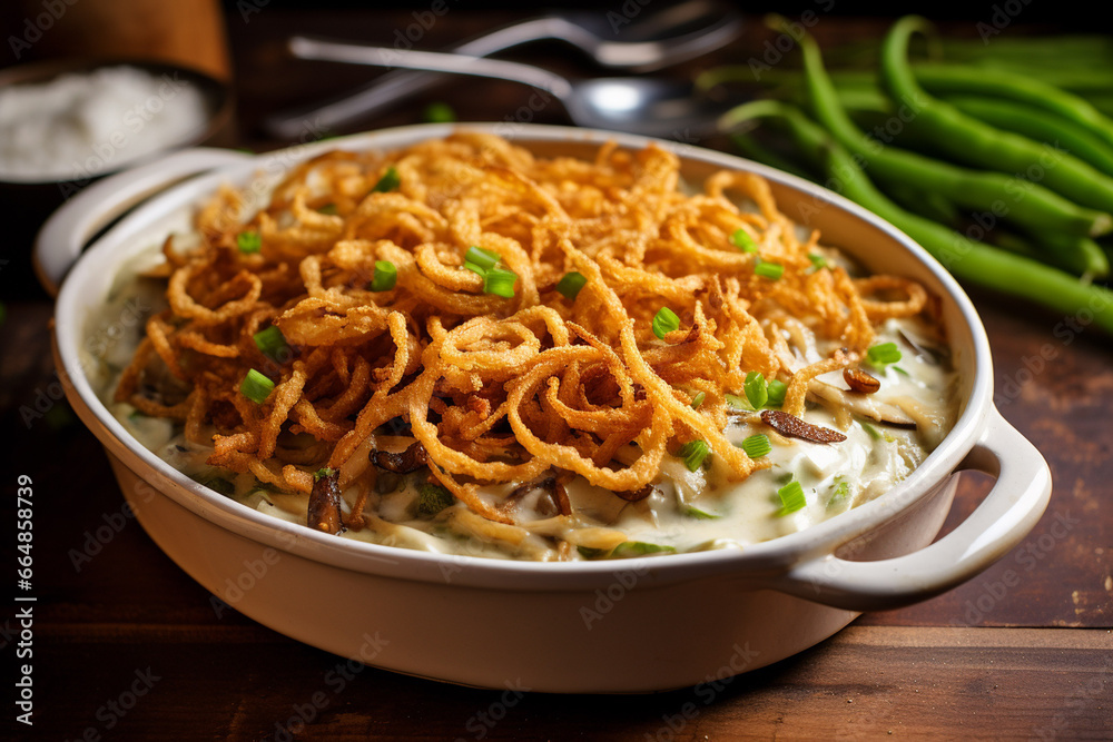 Green Bean Casserole, A casserole made with green beans, cream of mushroom soup, and crispy fried onions is a classic side dish Green Bean Casserole, A casserole made with green beans, cream of mushroom soup, and crispy fried onions is a classic side dish