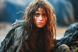 Young, disheveled woman in primitive style.