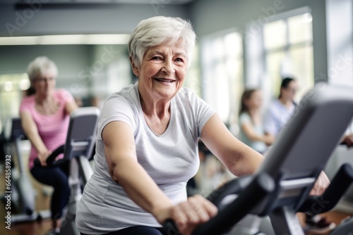 Old white woman with grey hair on a spinning bike working out in a gym looking at the camera
