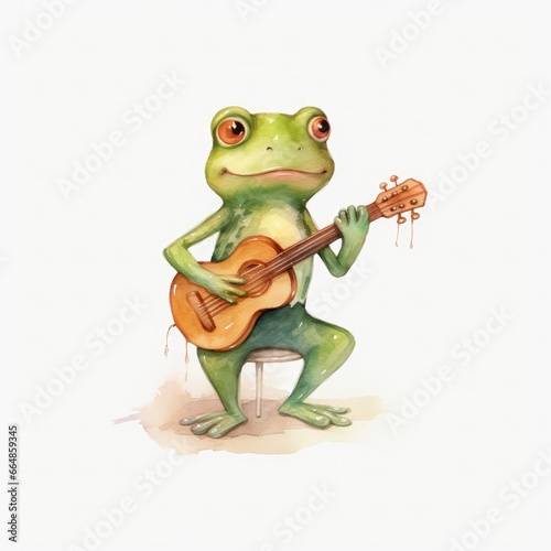 Watercolor green frog playing a tiny musical instrument on white background. © MdImam