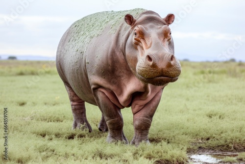 Hippopotamus Walking in a green field. © MdImam