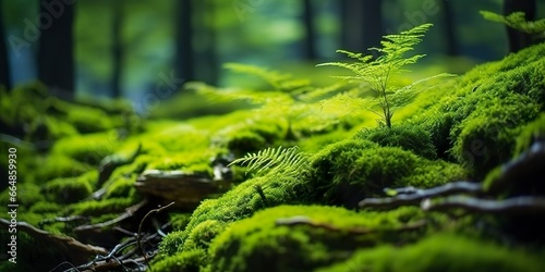 Green moss closeup, with a backdrop of woodland.  Forest in the national park. © MdImam