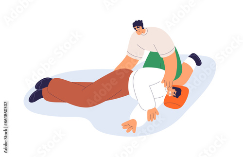 First aid for epilepsy seizure, attack. Help, treatment, rescue for unconscious fainted sick person. Emergency reanimation, falling sickness. Flat vector illustration isolated on white background