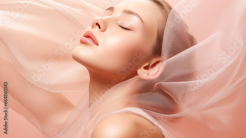 Beautiful young woman face with closed eyes on pastel pink glowing background. Beauty skin care make up cosmetics concept banner