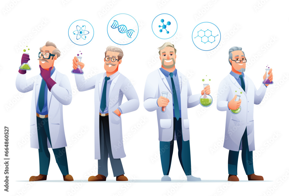 Group of senior scientist professor characters in cartoon style Group of senior scientist professor characters in cartoon style