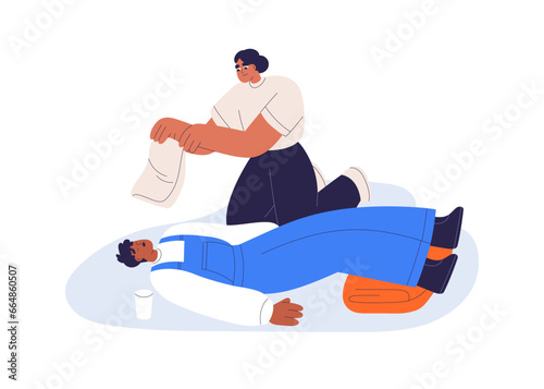 First aid for fainted unconscious person. Woman rescuing lying man, waving with cloth, tissue for breathing air. Emergency help, care, treatment. Flat vector illustration isolated on white background