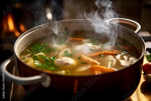 A steaming bowl of homemade chicken soup simmering on the stovetop
