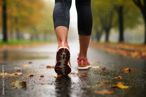 Close-up of legs of a female runner jogging in a park on a rainy autumn afternoon