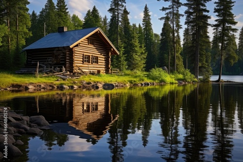 rustic log cabin by a tranquil lakeside
