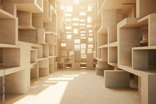 Abstract architecture with rhythmic concrete block, sunlight creating light and shadow. 3D rendered image. Generative AI © Astraea