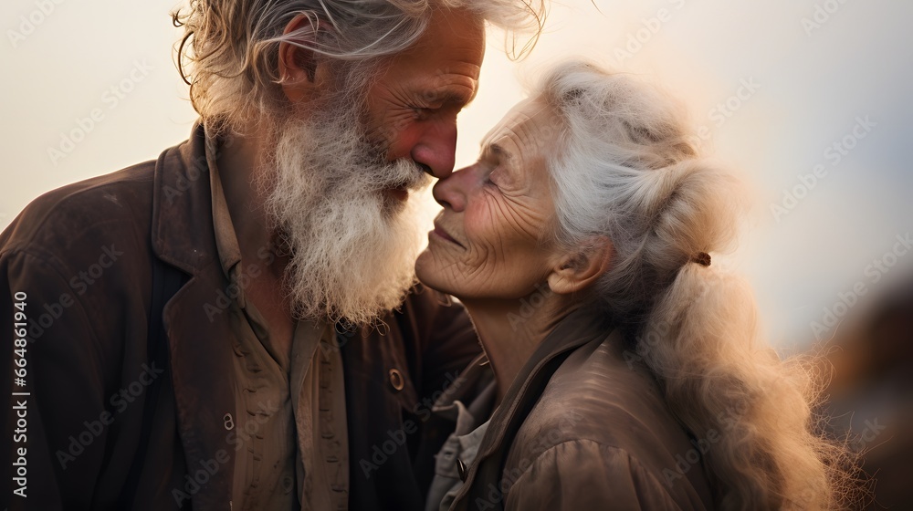 Ageless Love: A Happy Elderly Couple Embracing in a Serene Nature Background Ageless Love: A Happy Elderly Couple Embracing in a Serene Nature Background