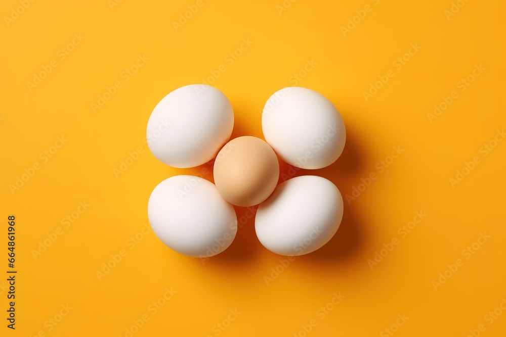 several eggs are arranged in the middle of a yellow background. Generative AI several eggs are arranged in the middle of a yellow background. Generative AI
