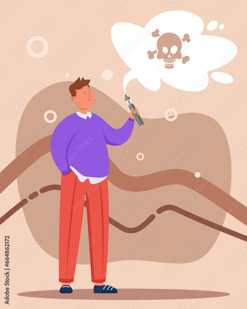 Man with e-cigarette vector illustration, skull and bones as death symbol on background. Negative effect of vaping on immune system. Health concept