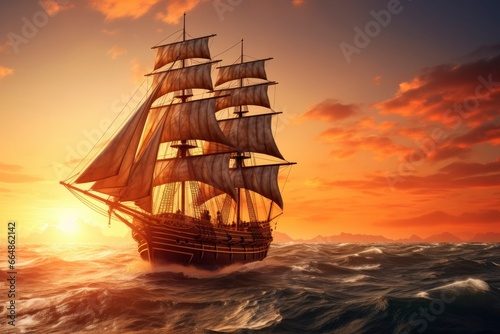 Pirate ship sailing on the ocean at sunset. Vintage cruise. © MdImam