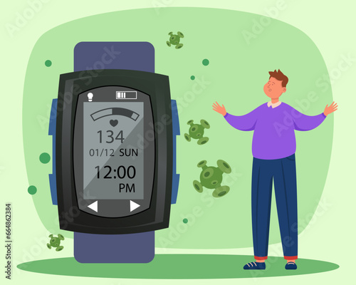 Huge electronic watches with bacteria on them vector illustration. Man impressed with accumulation of bacteria on his watches.