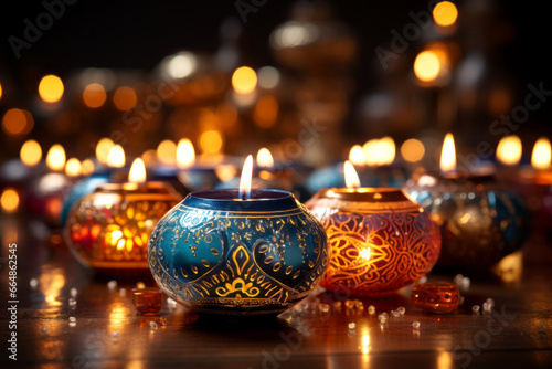 Lit candles for Diwali celebration. Hindu festival, symbolizing the victory of light over darkness.