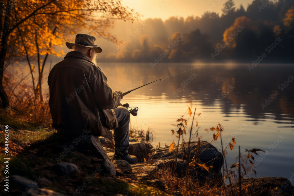 Senior man fishing on the lake on sunny autumn evening. Elderly fisherman spending time in nature. Leisure and hobbies for retired people. Senior man fishing on the lake on sunny autumn evening. Elderly fisherman spending time in nature. Leisure and hobbies for retired people.