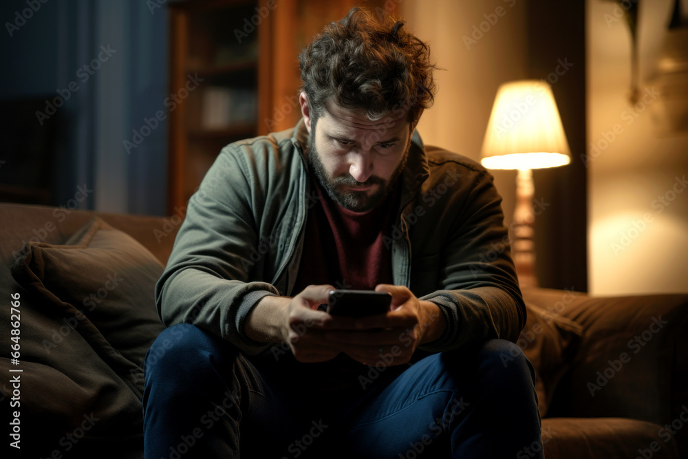 Sad man checking his smartphone. Depressed person doom scrolling through news on his phone screen. Sad man checking his smartphone. Depressed person doom scrolling through news on his phone screen.