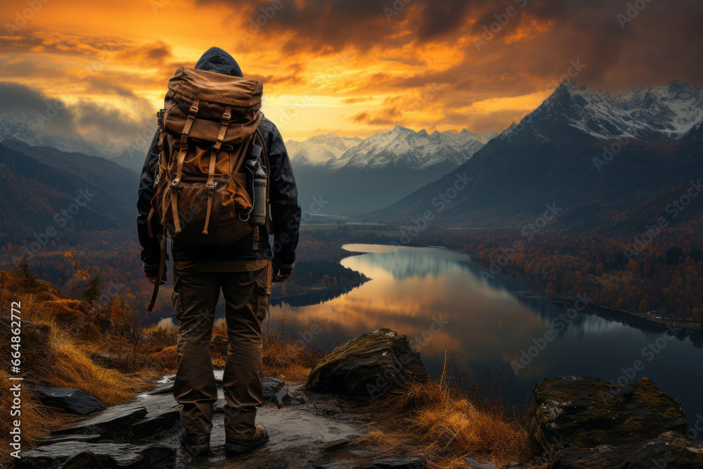 Man admiring beautiful landscape on scenic sunset. Adventurous young man with backpack. Hiking and trekking on a nature trail. Traveling by foot. Man admiring beautiful landscape on scenic sunset. Adventurous young man with backpack. Hiking and trekking on a nature trail. Traveling by foot.
