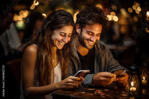 Cheerful romantic couple looking at their phone screens during a date in fancy restaurant. Man and woman checking smartphones at dinner in a cafe.