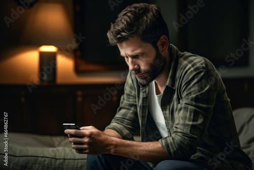 Sad man checking his smartphone. Depressed person doom scrolling through news on his phone screen. © MNStudio
