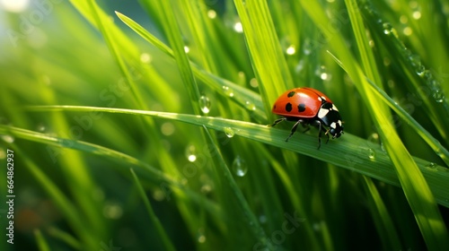 A ladybug navigating through a field of fresh green grass, with each blade sharply defined in a