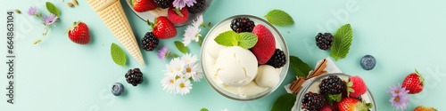 Scoops of Vanilla, mint leaves in a glass bowl, sprinkles, berries, and flowers.