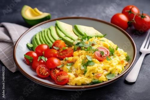 Scrambled eggs with cherry tomatoes and avocado.