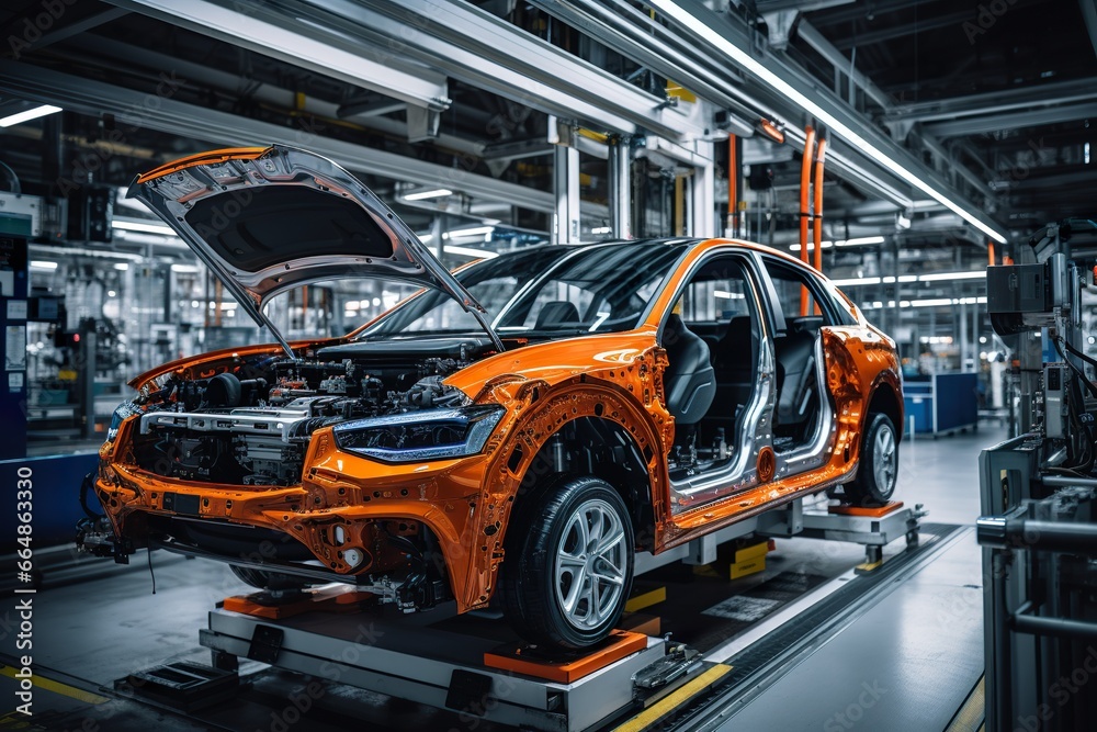 Photo of automobile production line. Modern car assembly plant. Modern and high-tech automotive industry Photo of automobile production line. Modern car assembly plant. Modern and high-tech automotive industry