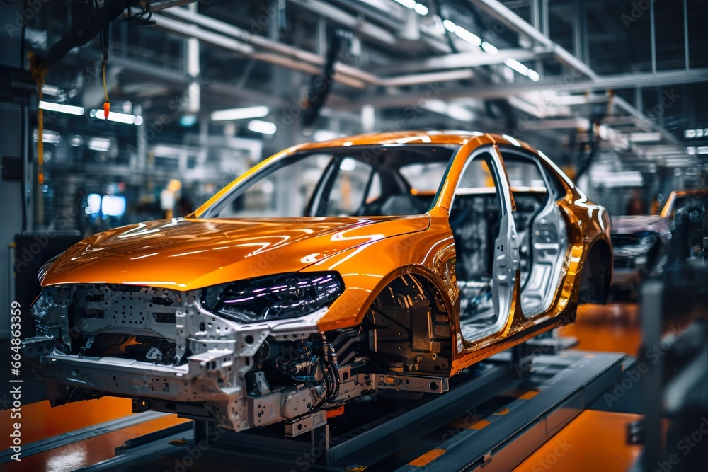 Photo of automobile production line. Modern car assembly plant. Modern and high-tech automotive industry