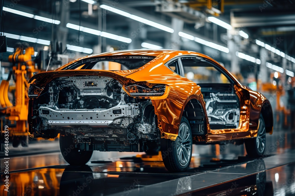 Photo of automobile production line. Modern car assembly plant. Modern and high-tech automotive industry Photo of automobile production line. Modern car assembly plant. Modern and high-tech automotive industry