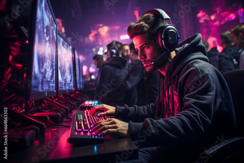 Professional e-sports player at an online game tournament. The cyber team plays computers. Cybersports.